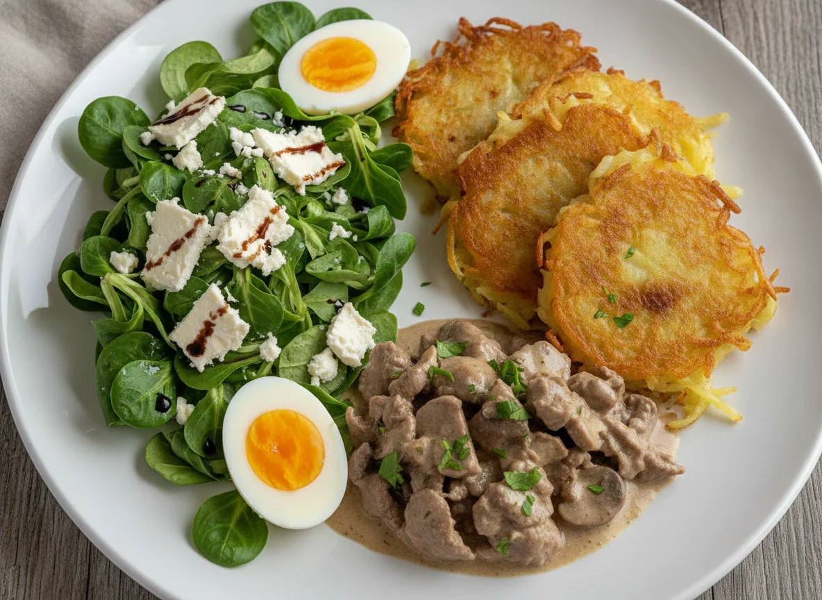 Salat mit Ei, Ziegenkäse und Rösti mit Geschnetzeltem photo