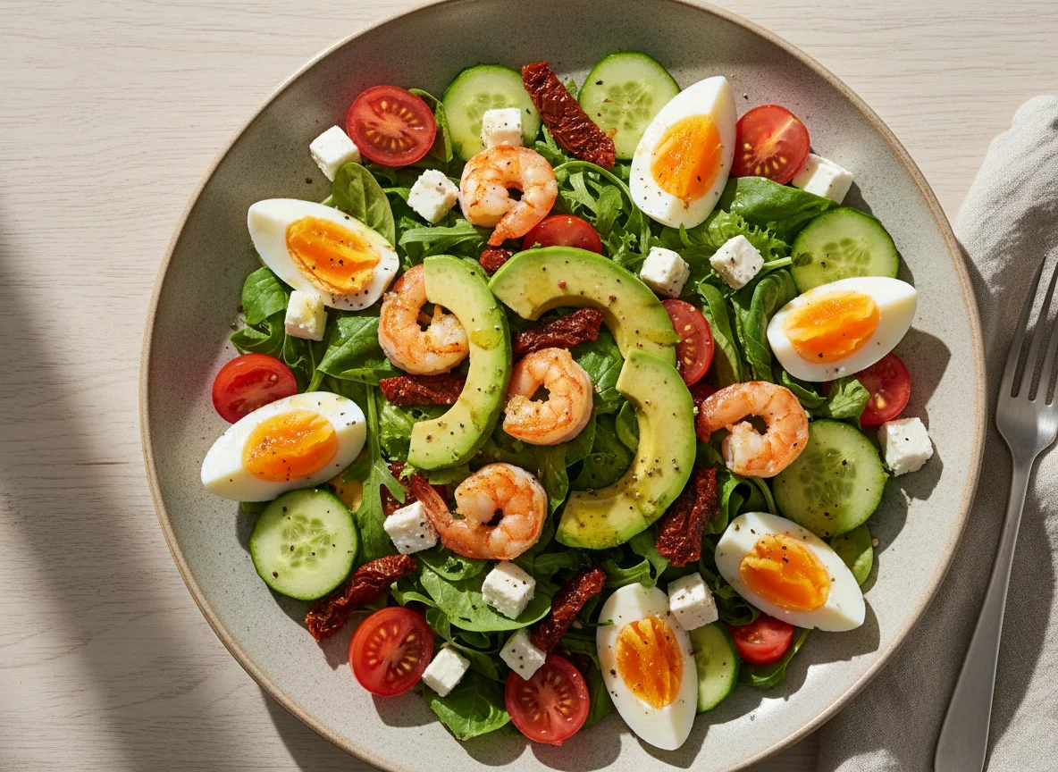 Salat mit Eiern, Avocado und Garnelen photo