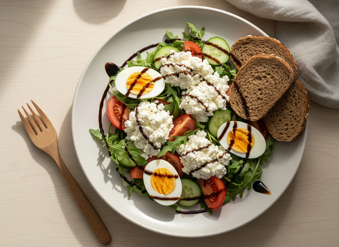 Salat mit Eiern, Hüttenkäse und Balsamico photo