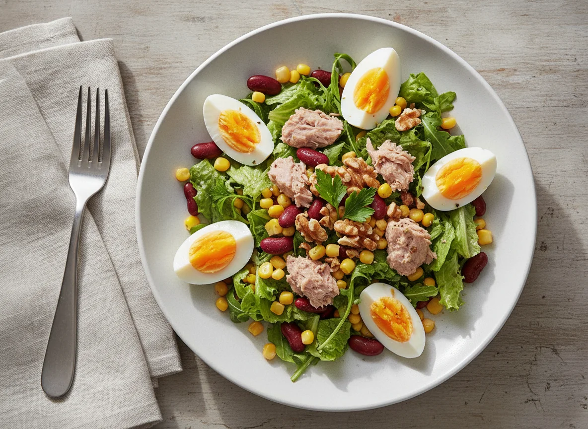 Salat mit Eiern, Thunfisch, Mais, Kidneybohnen und Walnüssen photo