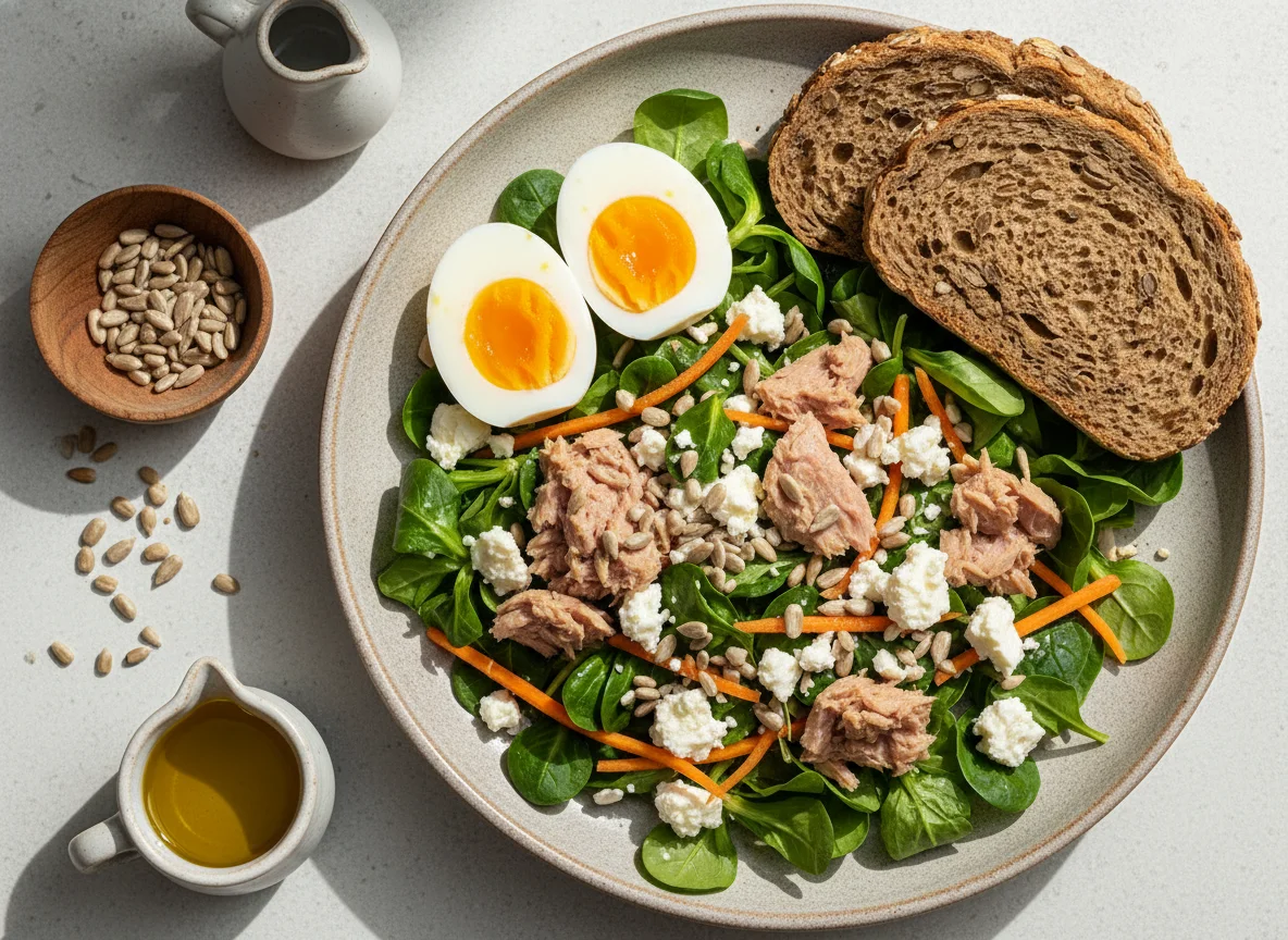 Salat mit Eiern, Thunfisch und Vollkornbrot photo