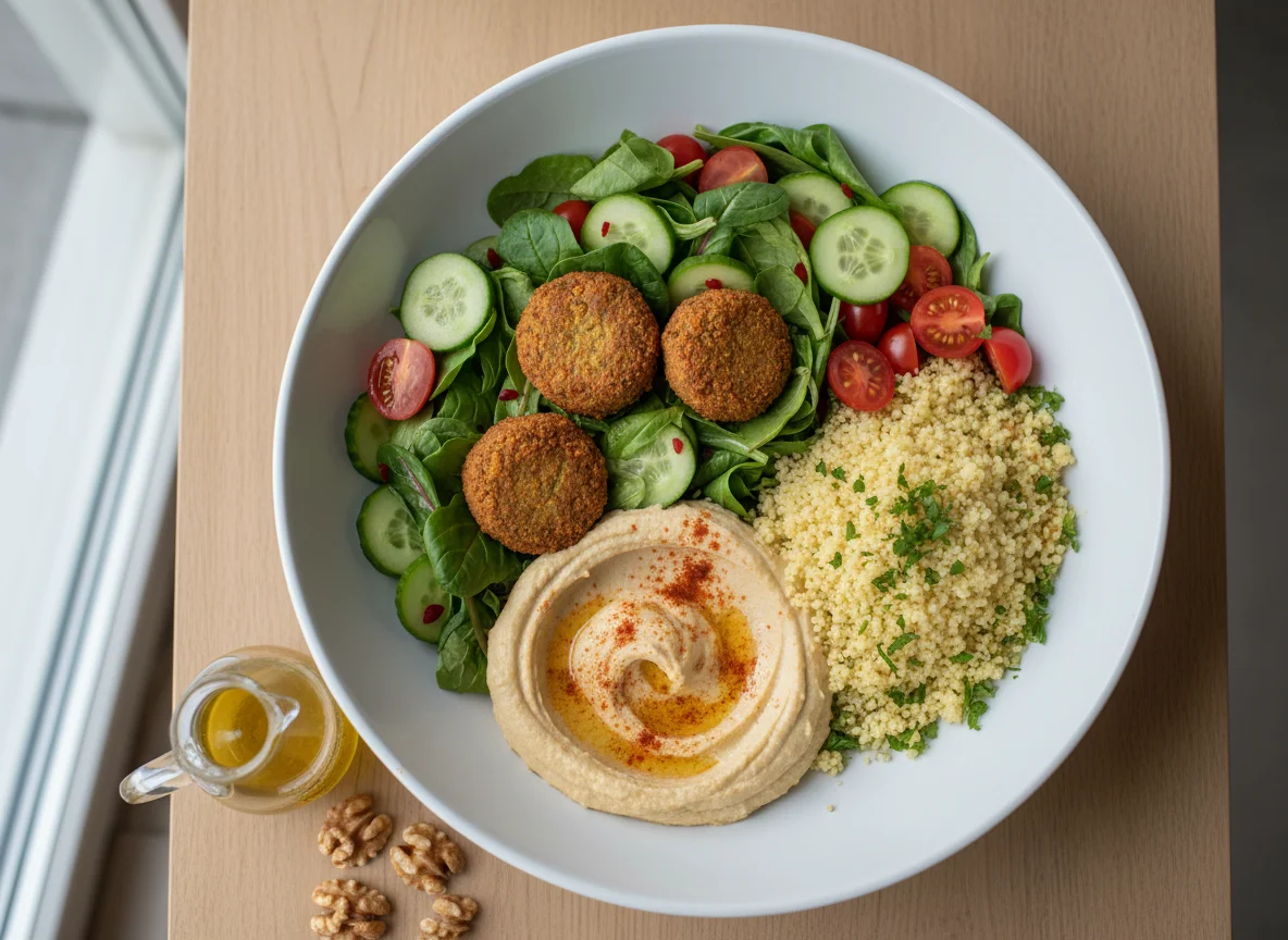 Salat mit Falafel, Hummus und Couscous photo
