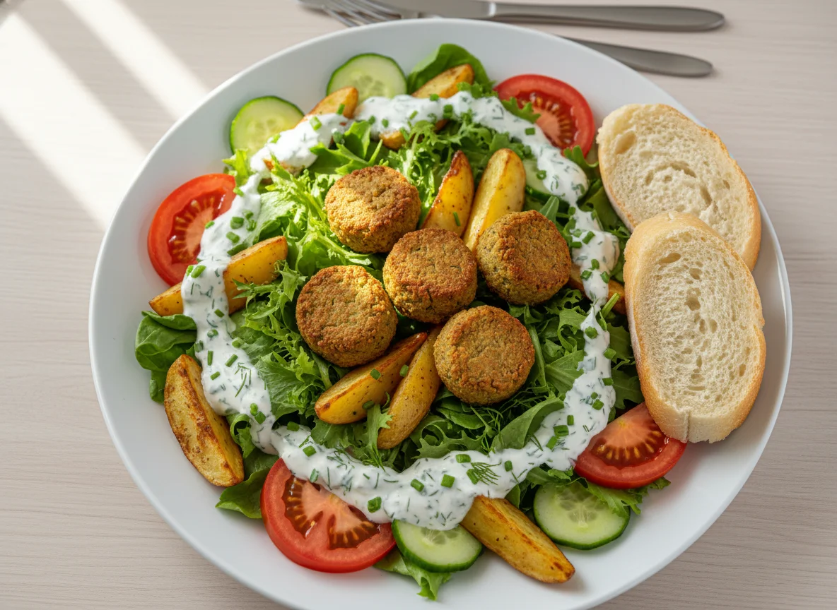 Salat mit Falafel und Brot photo
