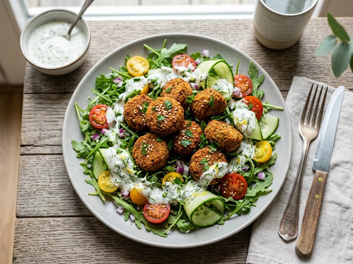 Salat mit Falafel und Dressing photo