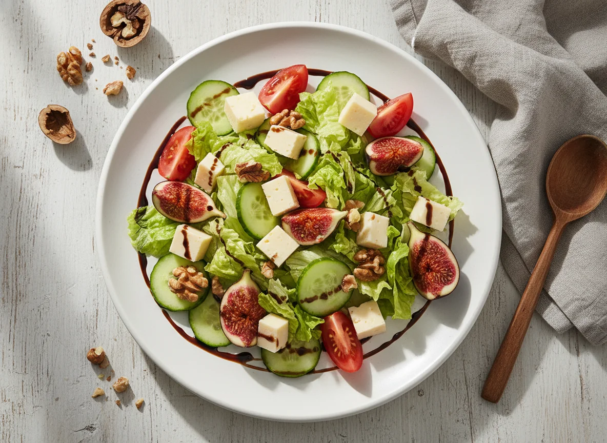 Salat mit Feigen, Käse und Walnüssen photo