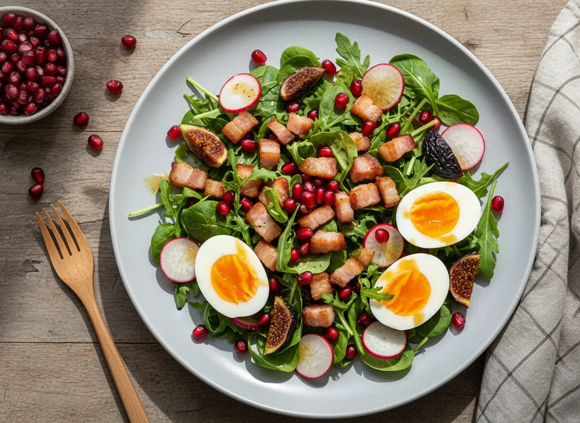 Salat mit Feigen, Speck und Radieschen photo