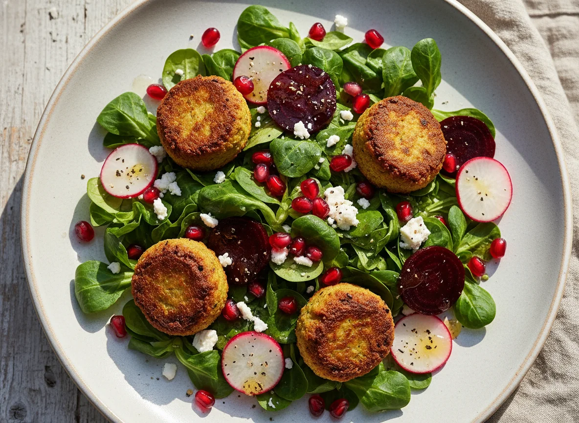 Salat mit Feldsalat, Granatapfel und Falafel photo