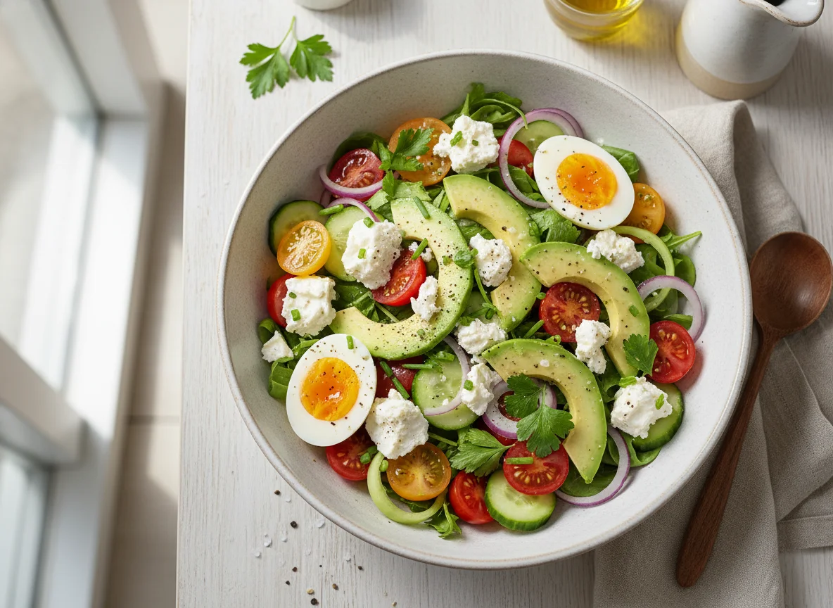 Salat mit Feta, Avocado und Ei photo