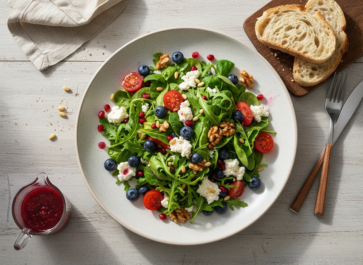 Salat mit Feta, Blaubeeren und Nüssen photo