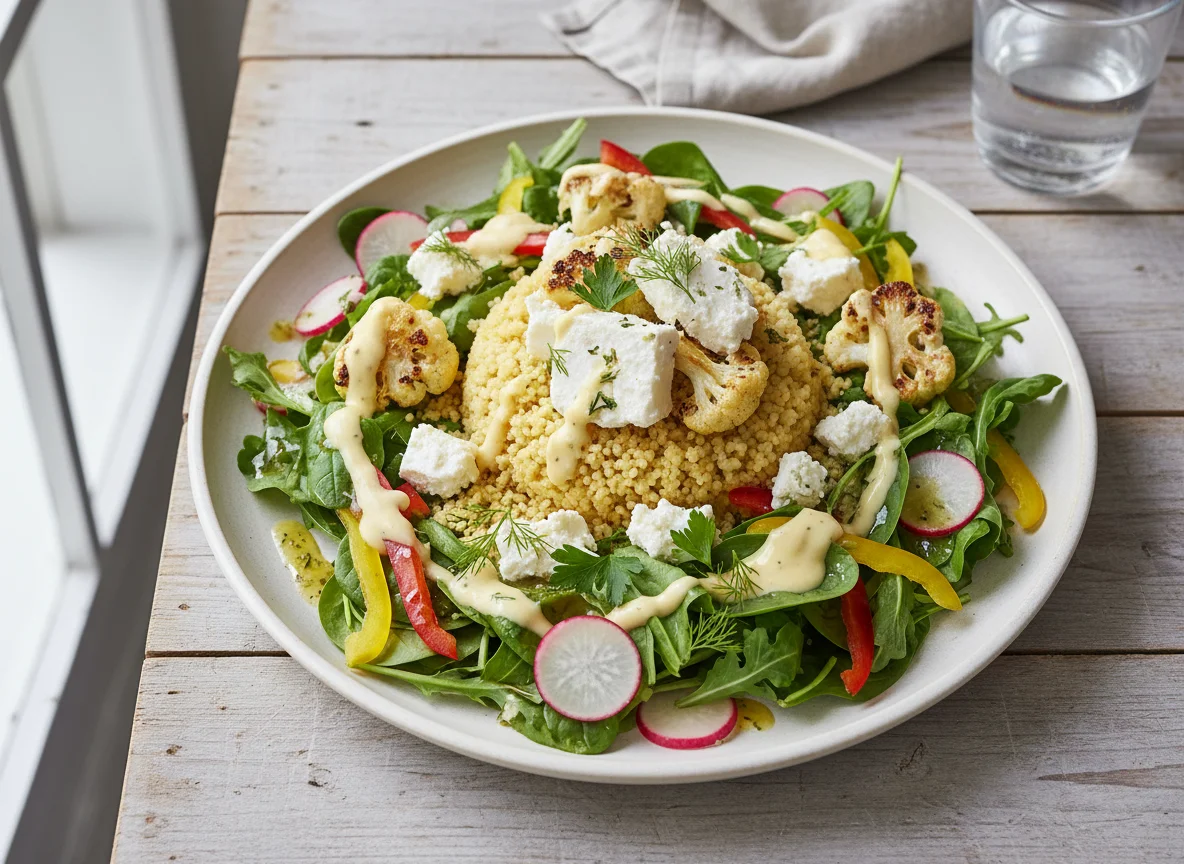 Salat mit Feta, Couscous und Blumenkohl photo