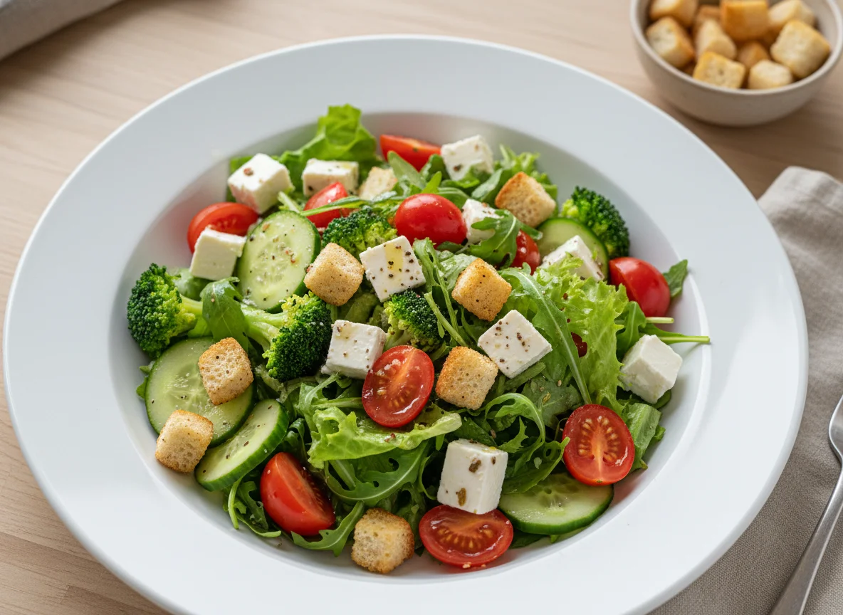 Salat mit Feta, Croutons und Gemüse photo