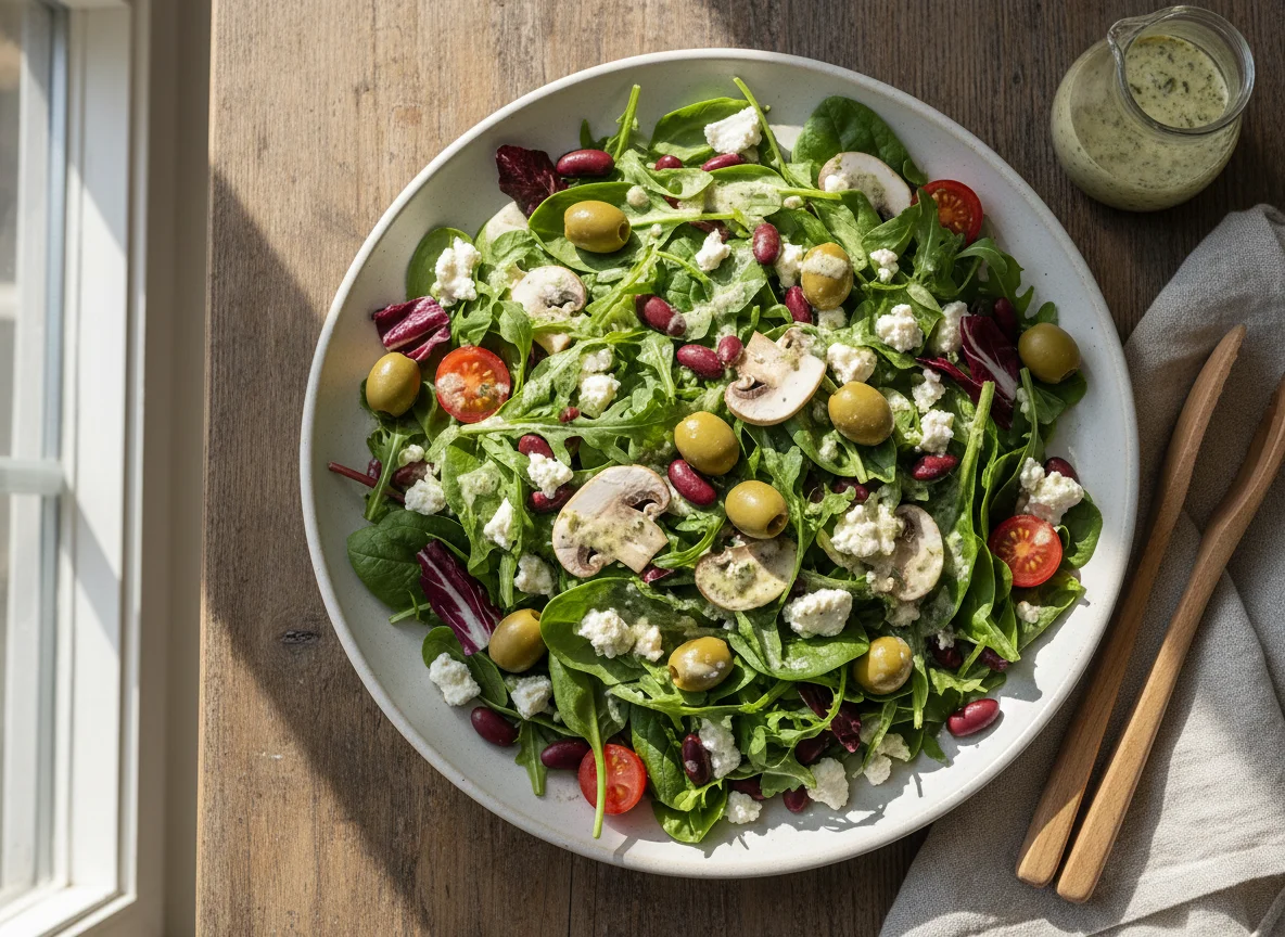 Salat mit Feta, Oliven und Dressing photo