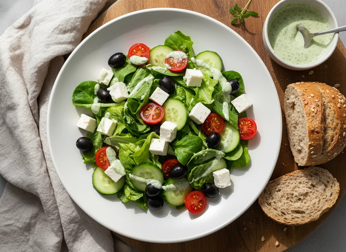 Salat mit Feta, Oliven und Dressing mit Brot photo