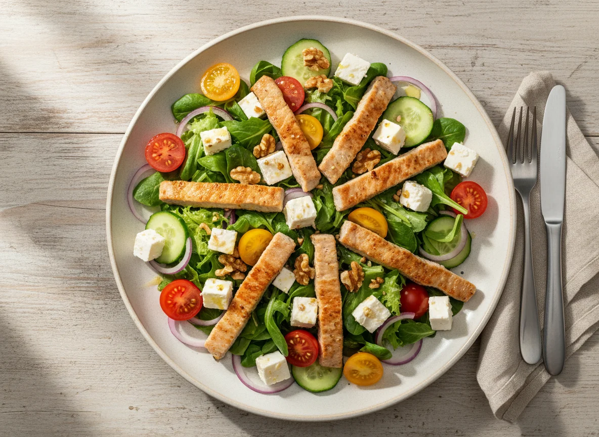 Salat mit Feta, Tomaten, Gurken, Walnüssen und Schweinefleisch photo