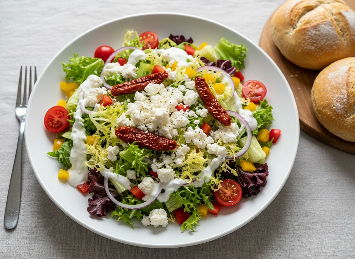 Salat mit Feta und Brötchen photo
