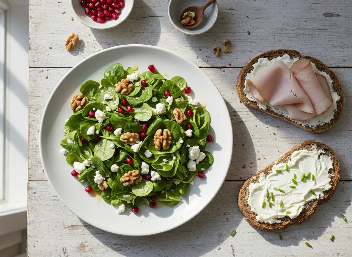 Salat mit Feta und Feldsalat, dazu belegte Brote photo