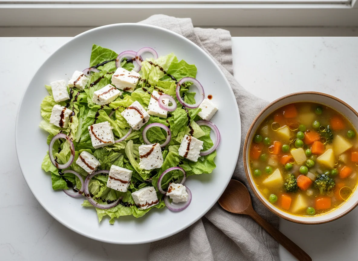 Salat mit Feta und Gemüsesuppe photo
