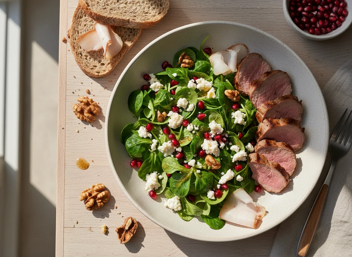 Salat mit Feta und Lammfleisch mit Brot photo
