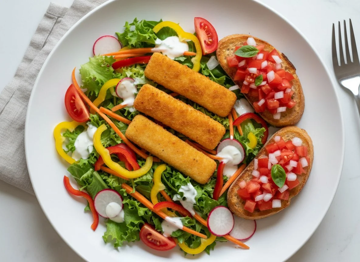 Salat mit Fischstäbchen und Bruschetta photo