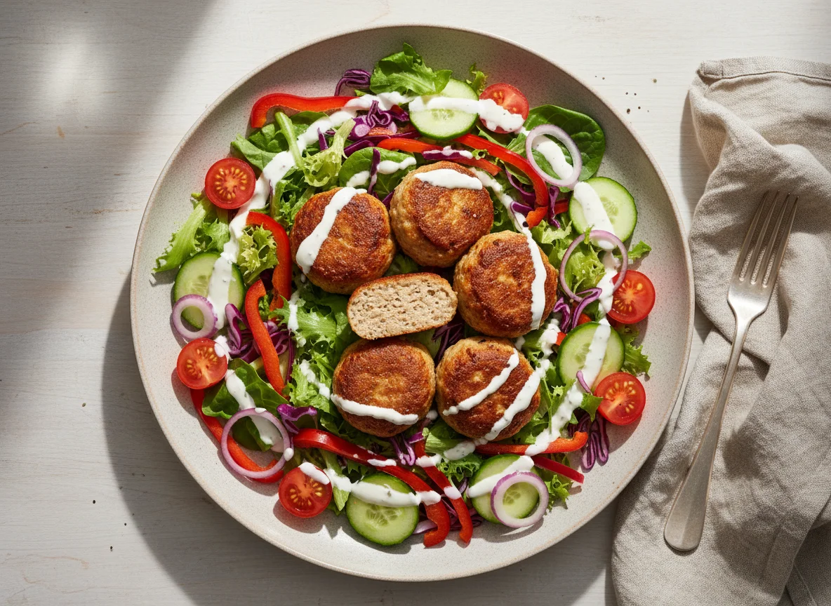 Salat mit Frikadellen und Dressing photo