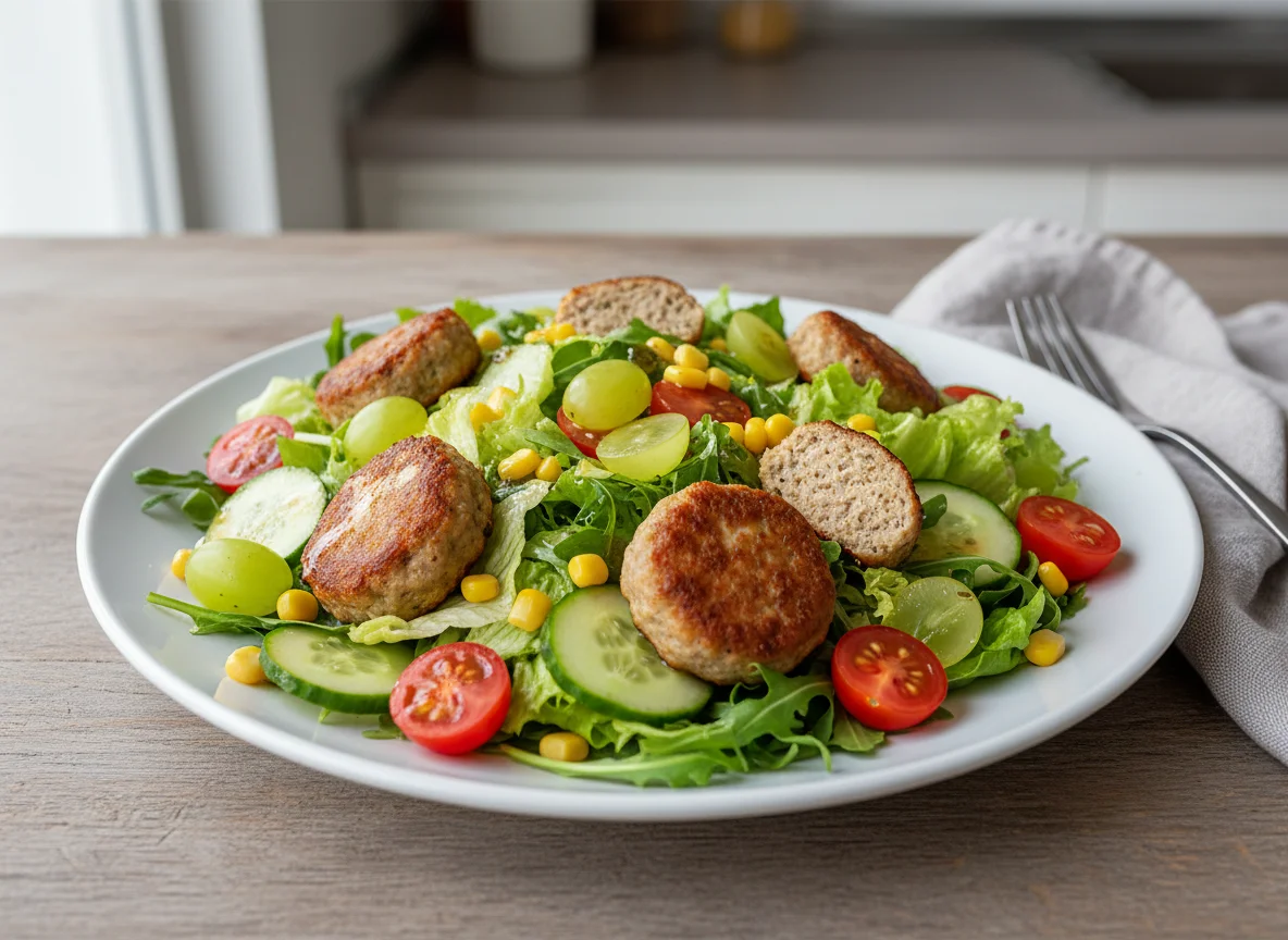 Salat mit Frikadellen und Trauben photo