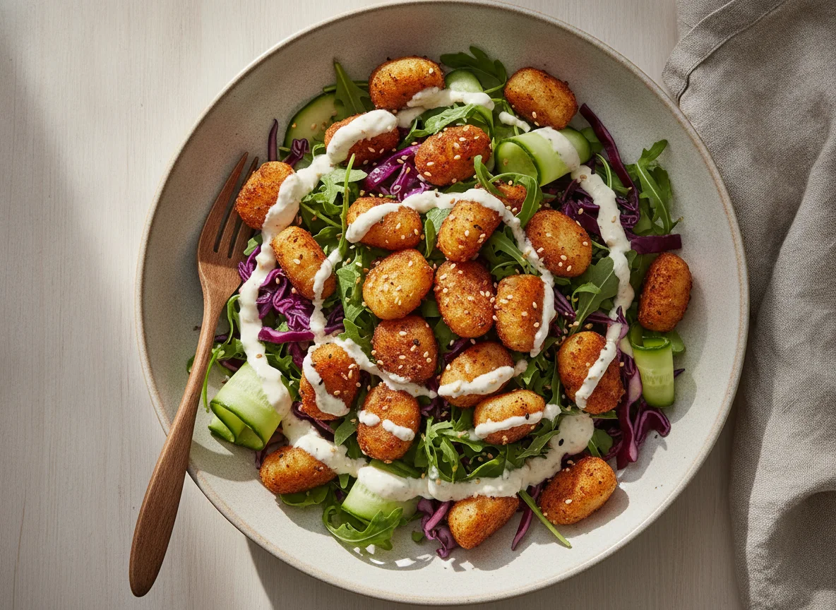 Salat mit frittierten Gnocchi und cremigem Dressing photo