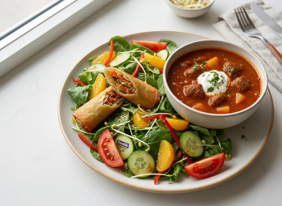 Salat mit Frühlingsrollen und Gulaschsuppe photo