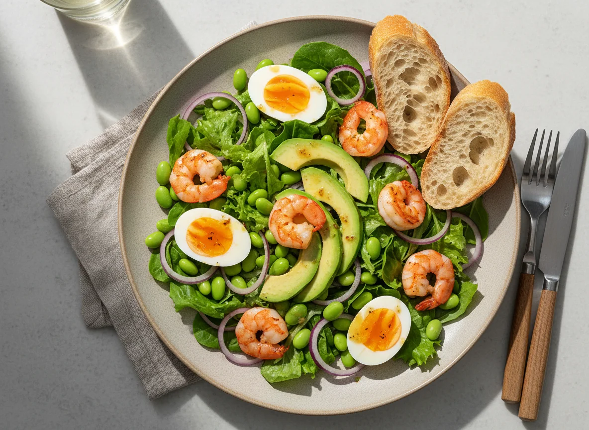 Salat mit Garnelen, Avocado und Ei photo