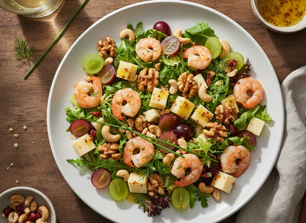 Salat mit Garnelen, Käse und Nüssen photo