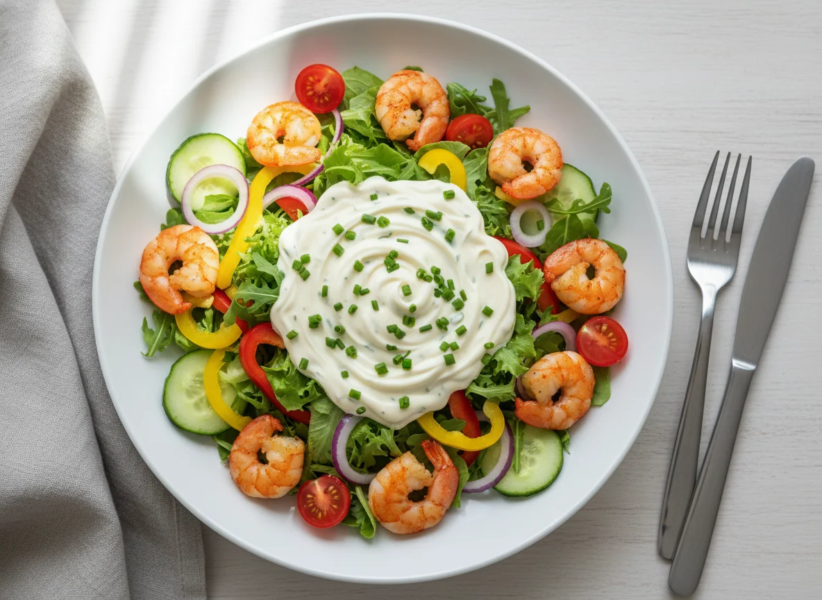 Salat mit Garnelen und cremigem Dressing photo