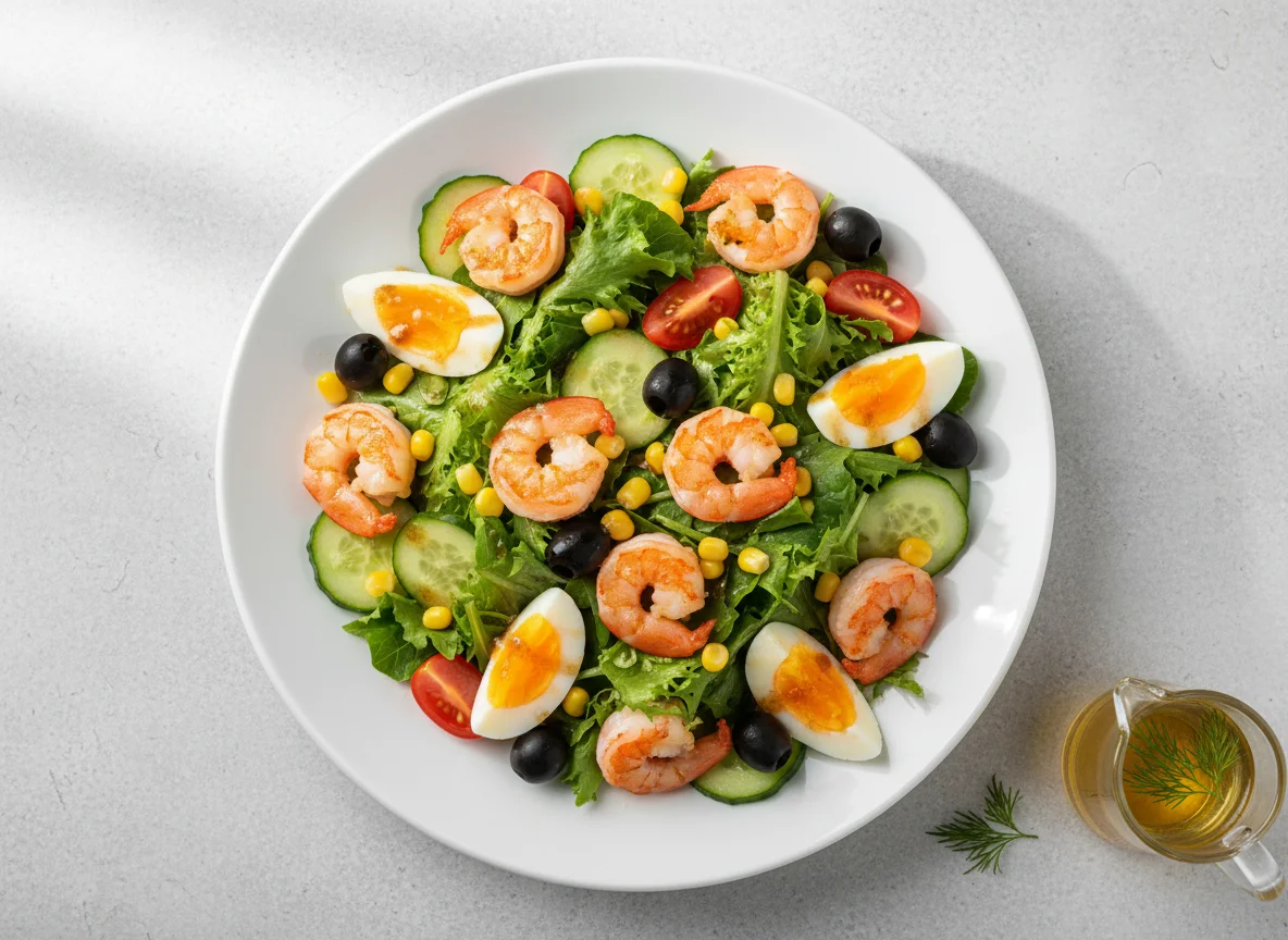 Salat mit Garnelen und Ei photo