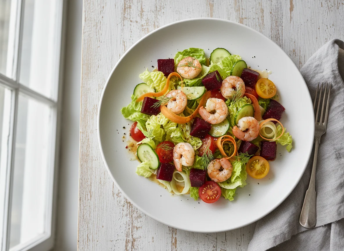 Salat mit Garnelen und Randen photo