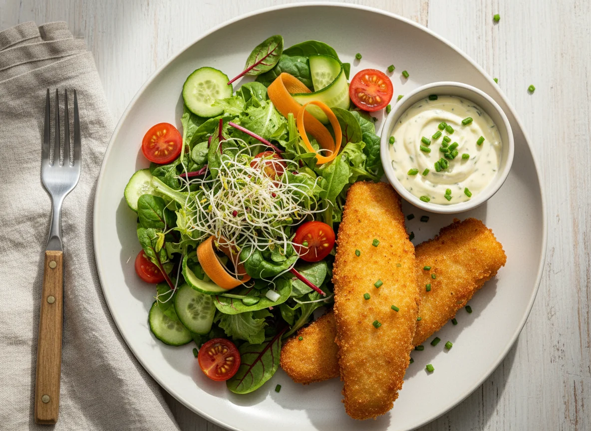 Salat mit gebackenem Fisch und Dip photo