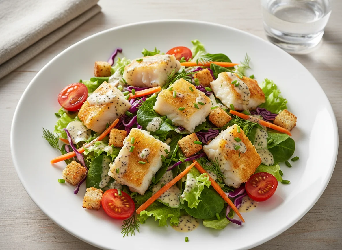 Salat mit gebackenen Fischstücken photo
