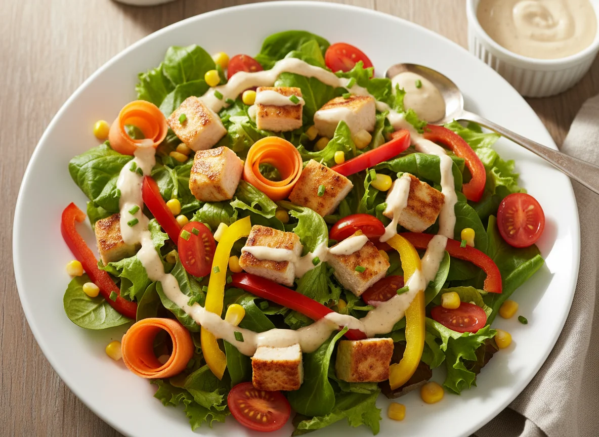 Salat mit gebratenem Fleisch und Dressing photo