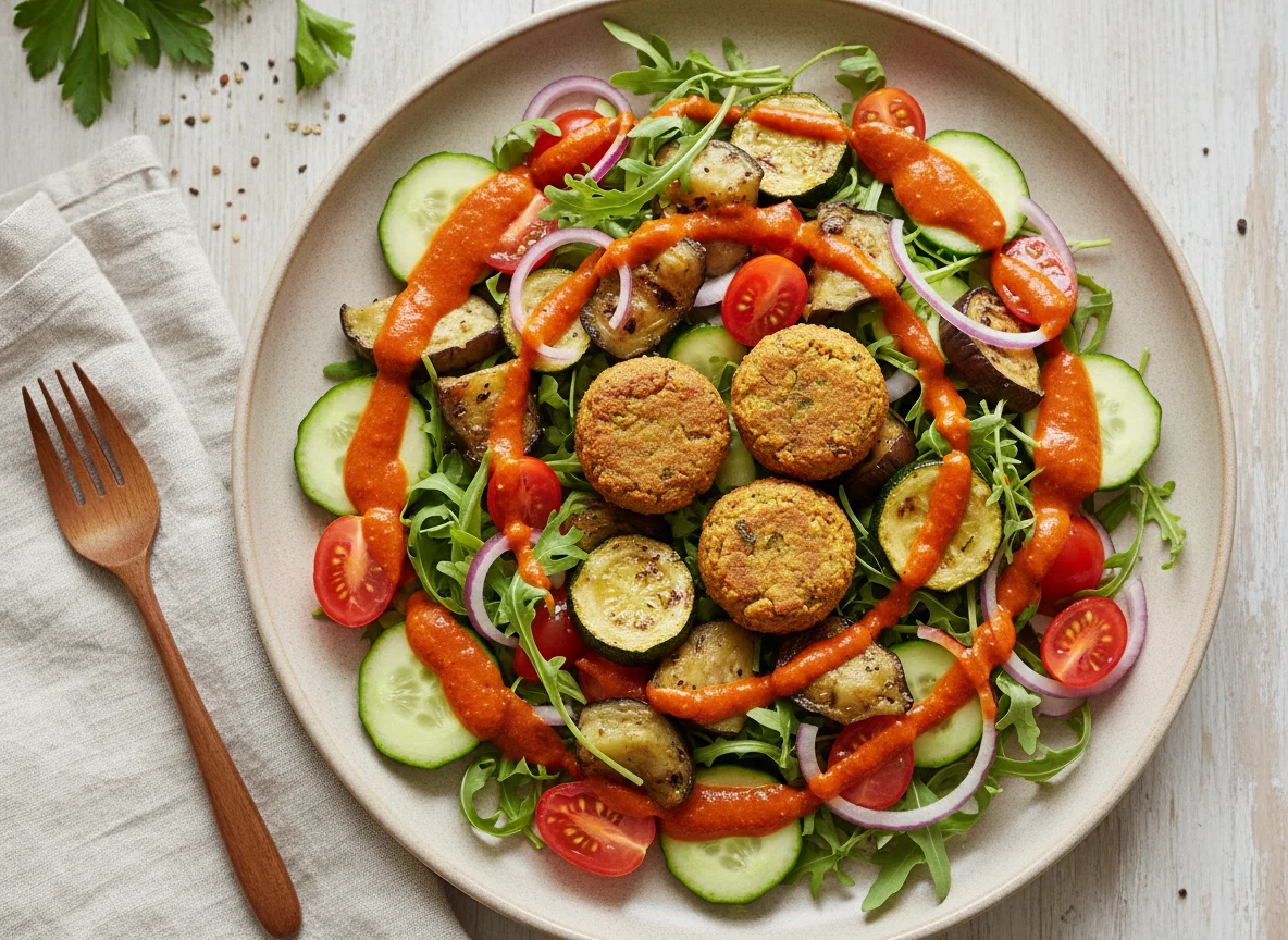 Salat mit gebratenem Gemüse und cremiger Soße photo