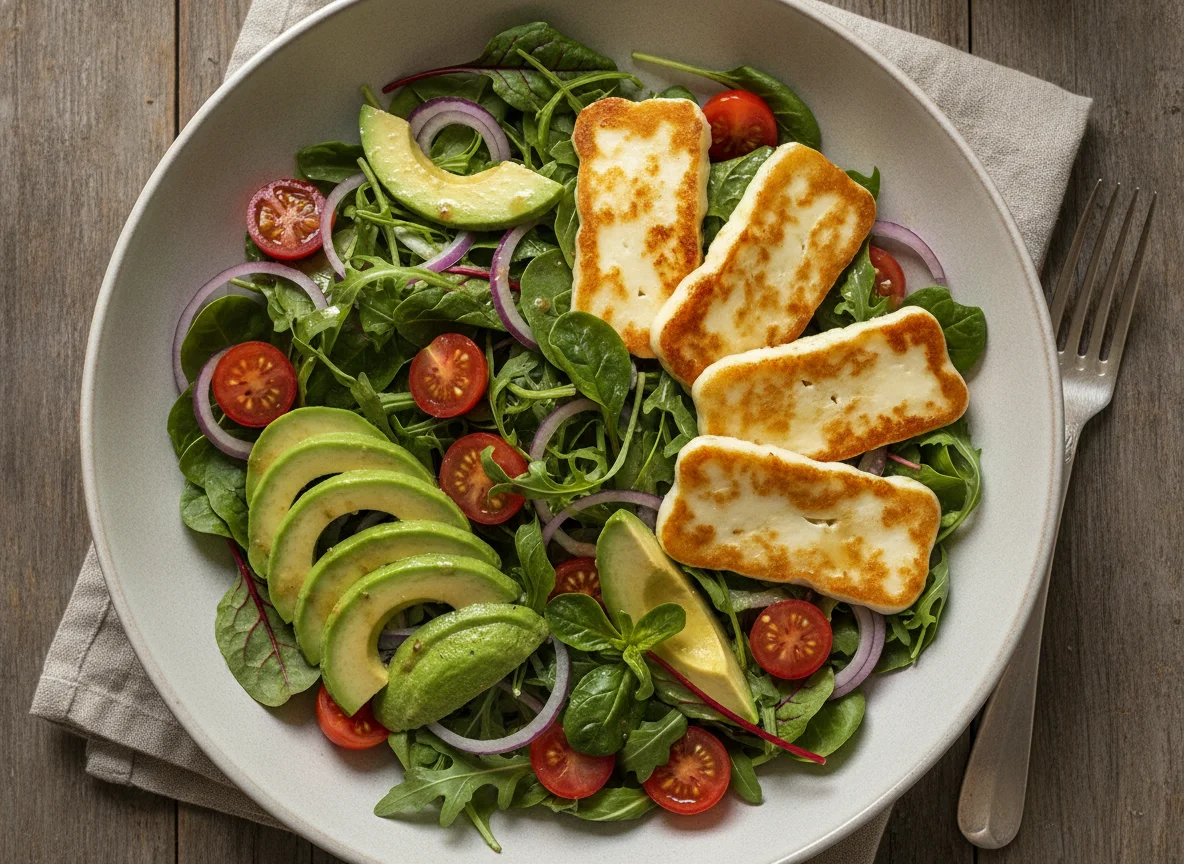 Salat mit gebratenem Käse und Avocado photo