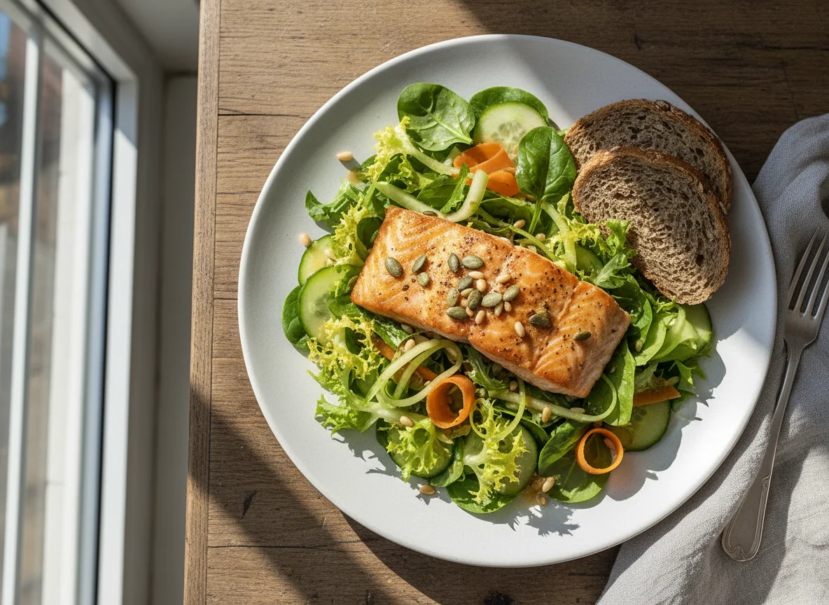 Salat mit gebratenem Lachs und Brot photo