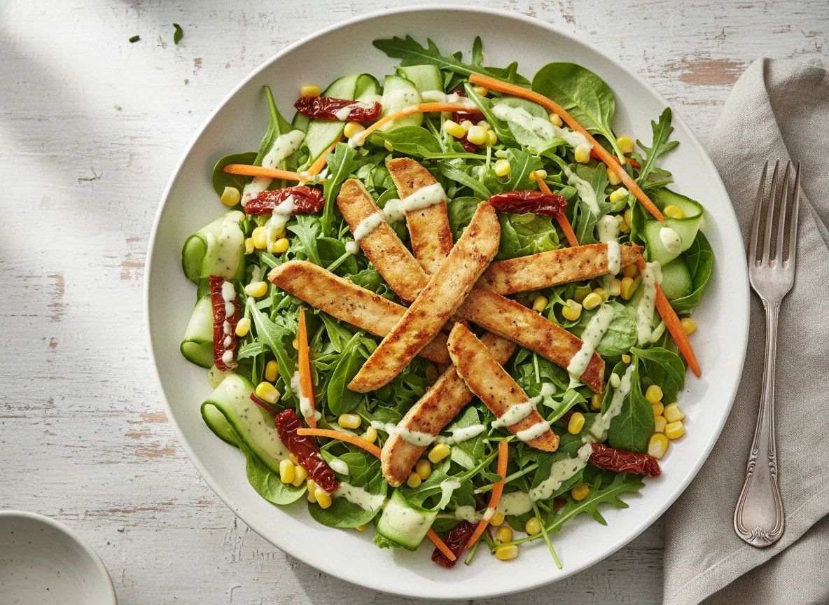Salat mit gebratenem Seitan und Dressing photo