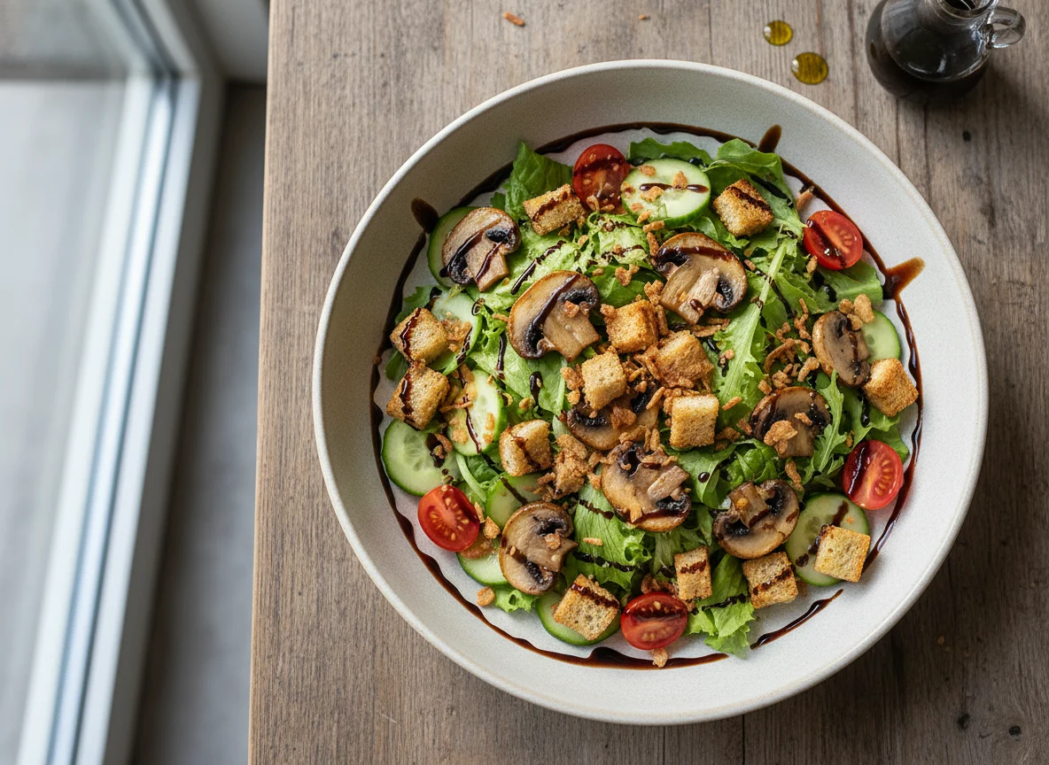 Salat mit gebratenen Champignons und Croutons photo