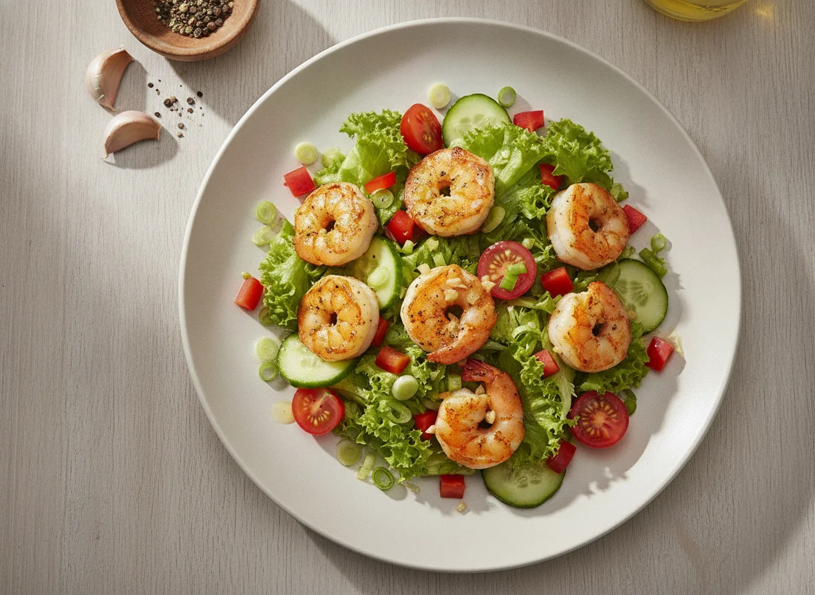Salat mit gebratenen Garnelen photo