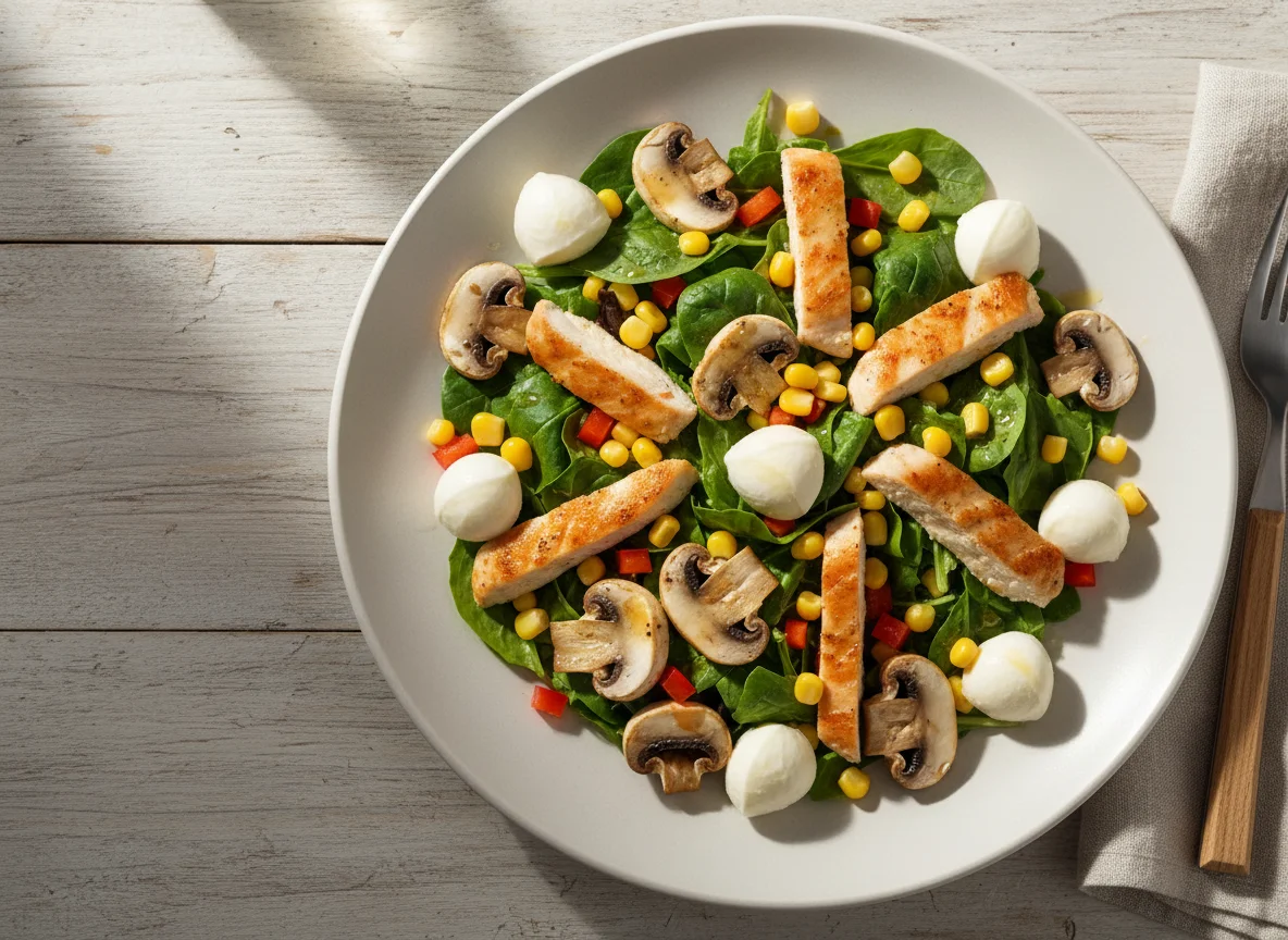 Salat mit gebratenen Pilzen, Hähnchen und Mozzarella photo