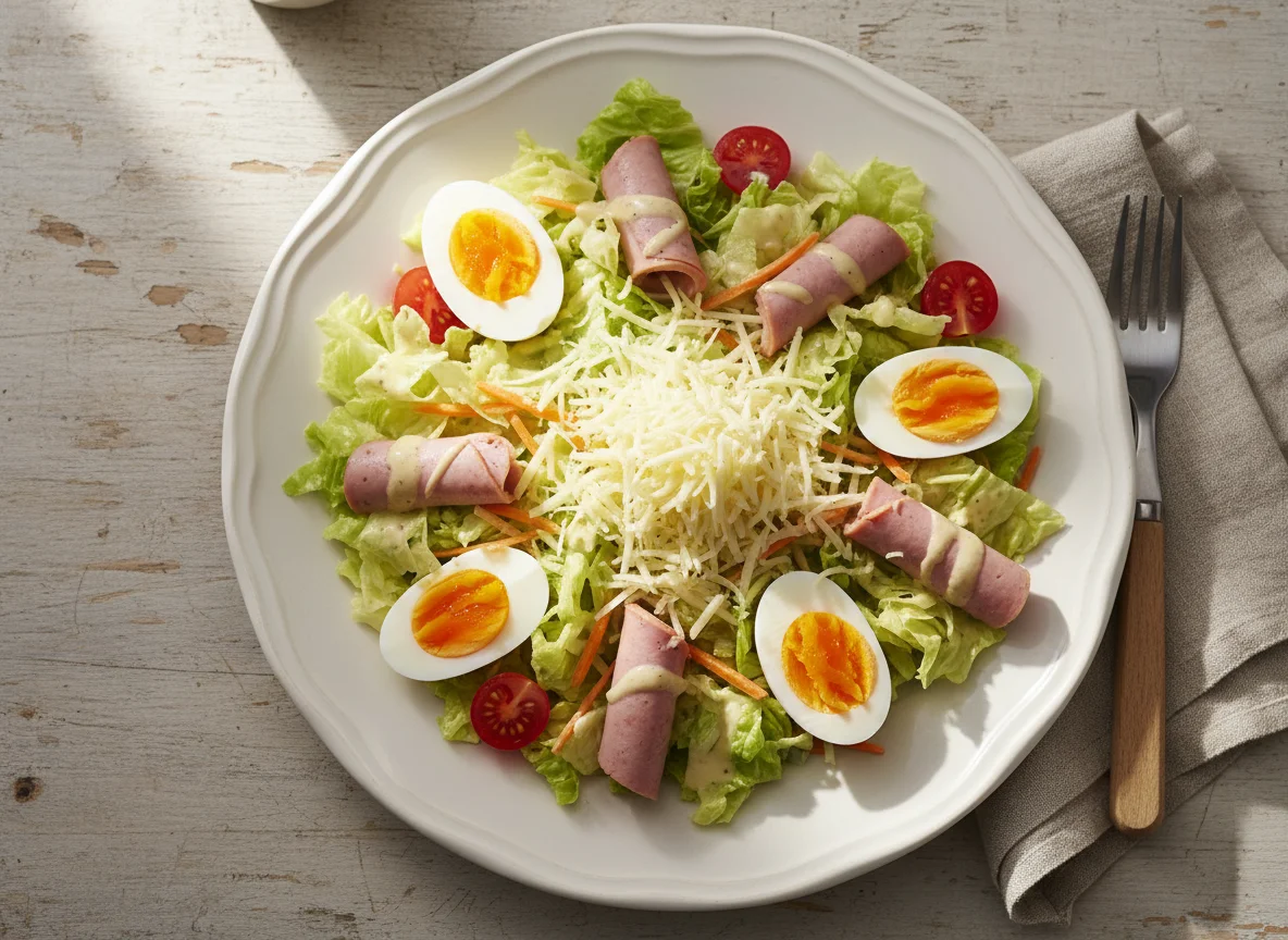 Salat mit Geflügelwurst, Käse und Ei photo