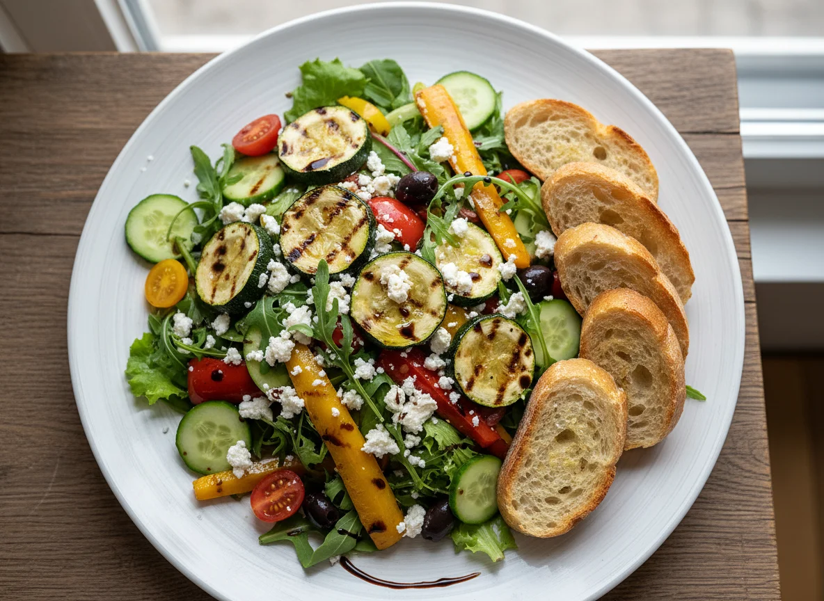 Salat mit gegrilltem Gemüse, Feta und Baguette photo