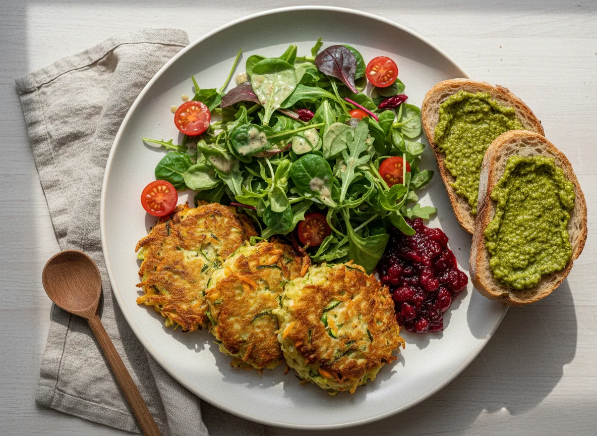 Salat mit Gemüsepuffer und Pesto-Brot photo