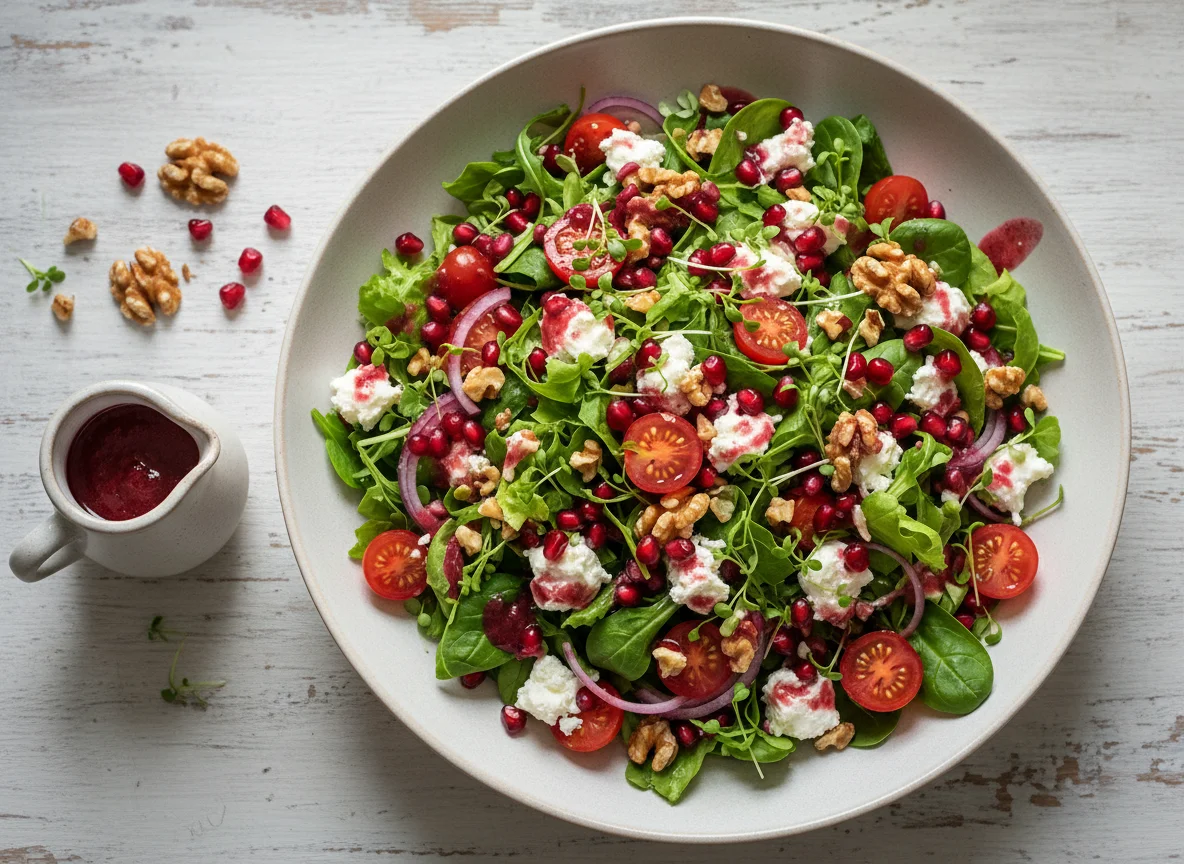 Salat mit Granatapfel-Dressing und Walnüssen photo
