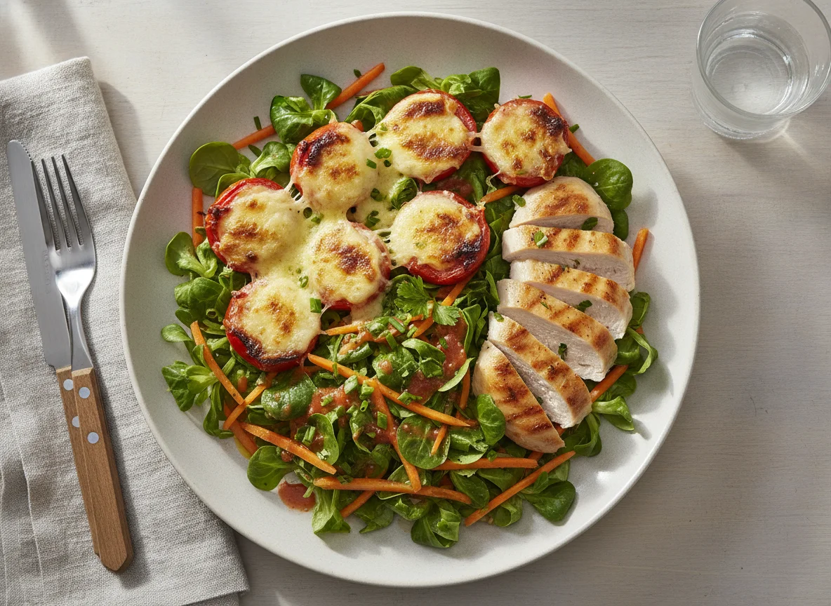 Salat mit gratinierten Tomaten und Poulet photo