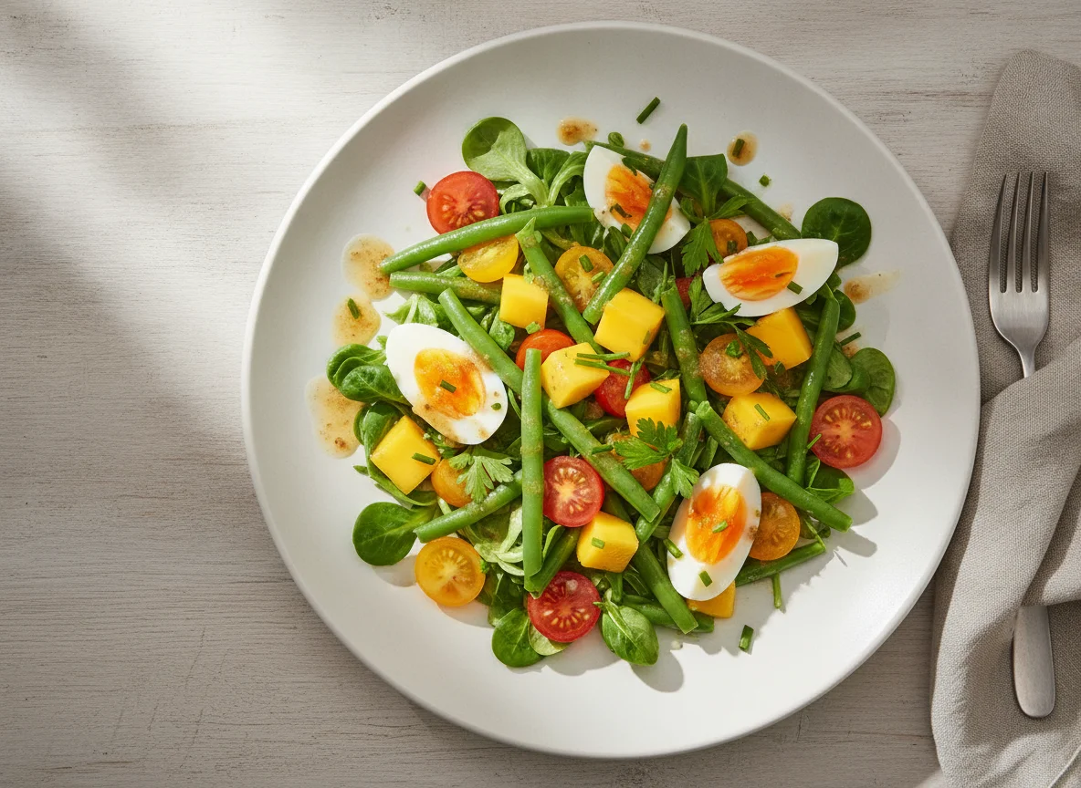 Salat mit grünen Bohnen, Mango und Ei photo