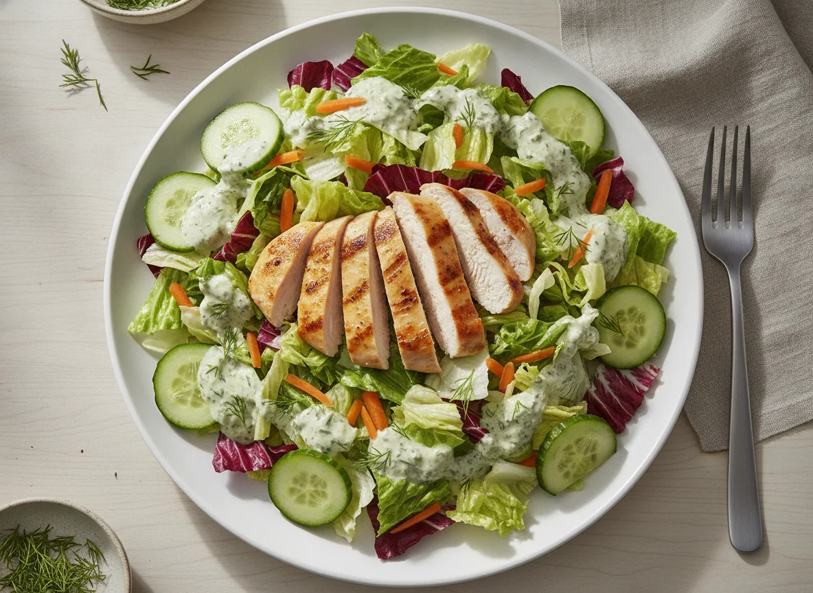 Salat mit Gurken und Hähnchenstreifen photo