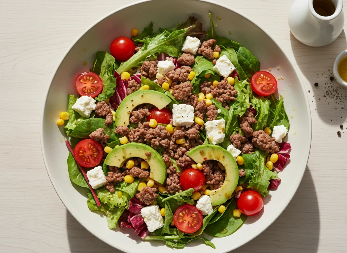 Salat mit Hackfleisch, Feta und Gemüse photo